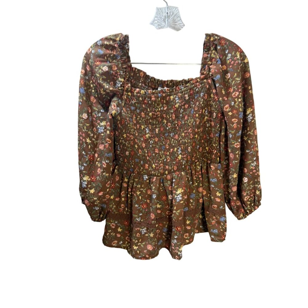 Floral‎ Smocked Peasant Blouse With Square Neckline By Mine L